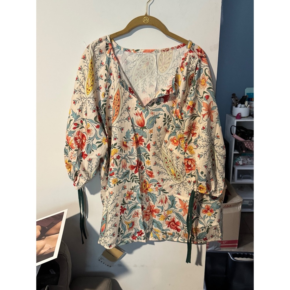 Cherrybetty Floral Paisley Tunic Top Multicolor XL Split V-Neck 3/4 Sleeve